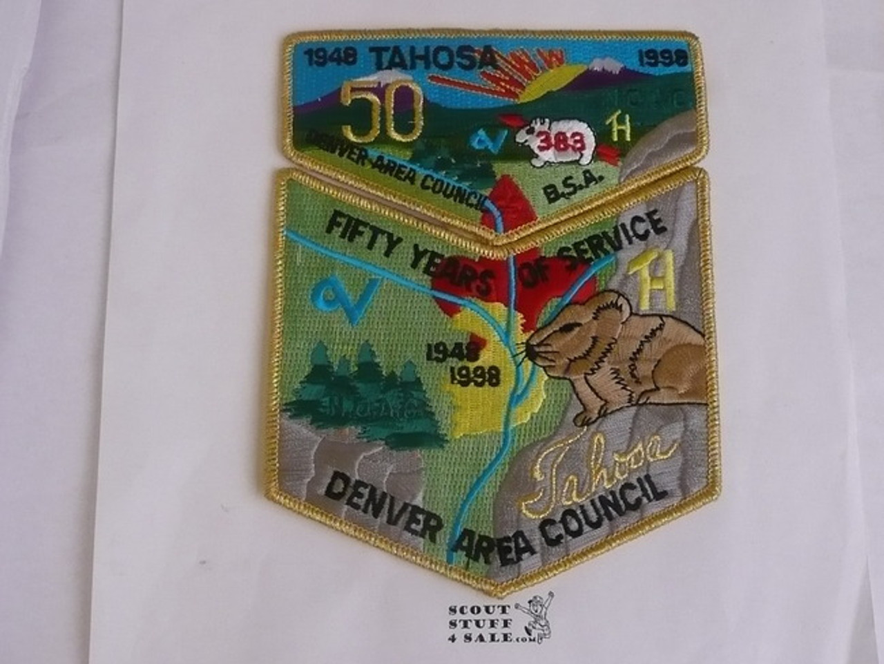 Order of the Arrow Lodge #383 Tahosa s25 + x7 2-piece Flap Patch Set, 1998 NOAC/Lodge 50th Anniv