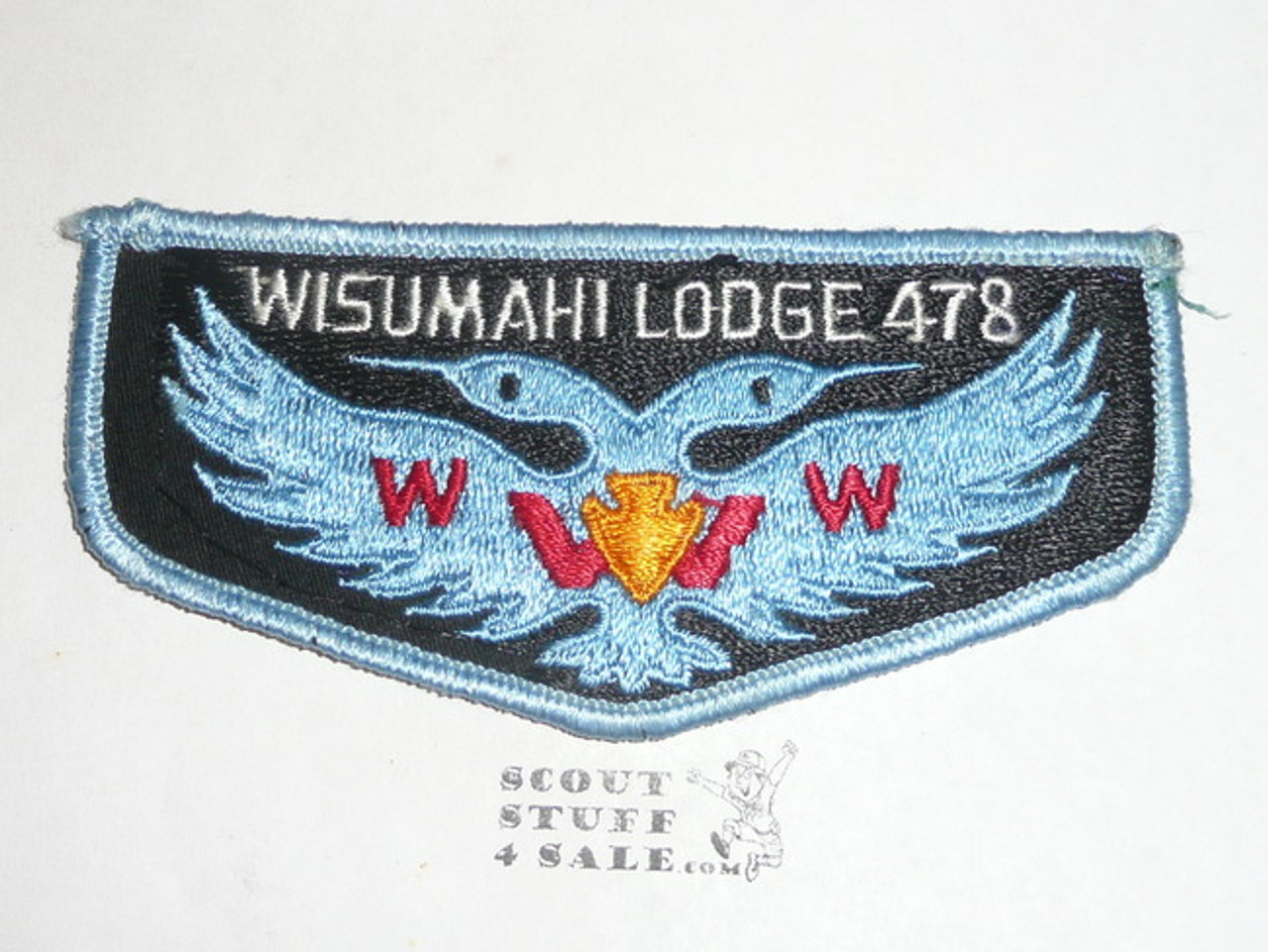 Order of the Arrow Lodge #478 Wisumahi s7 Flap Patch, twill to the left of the left bird, needle break