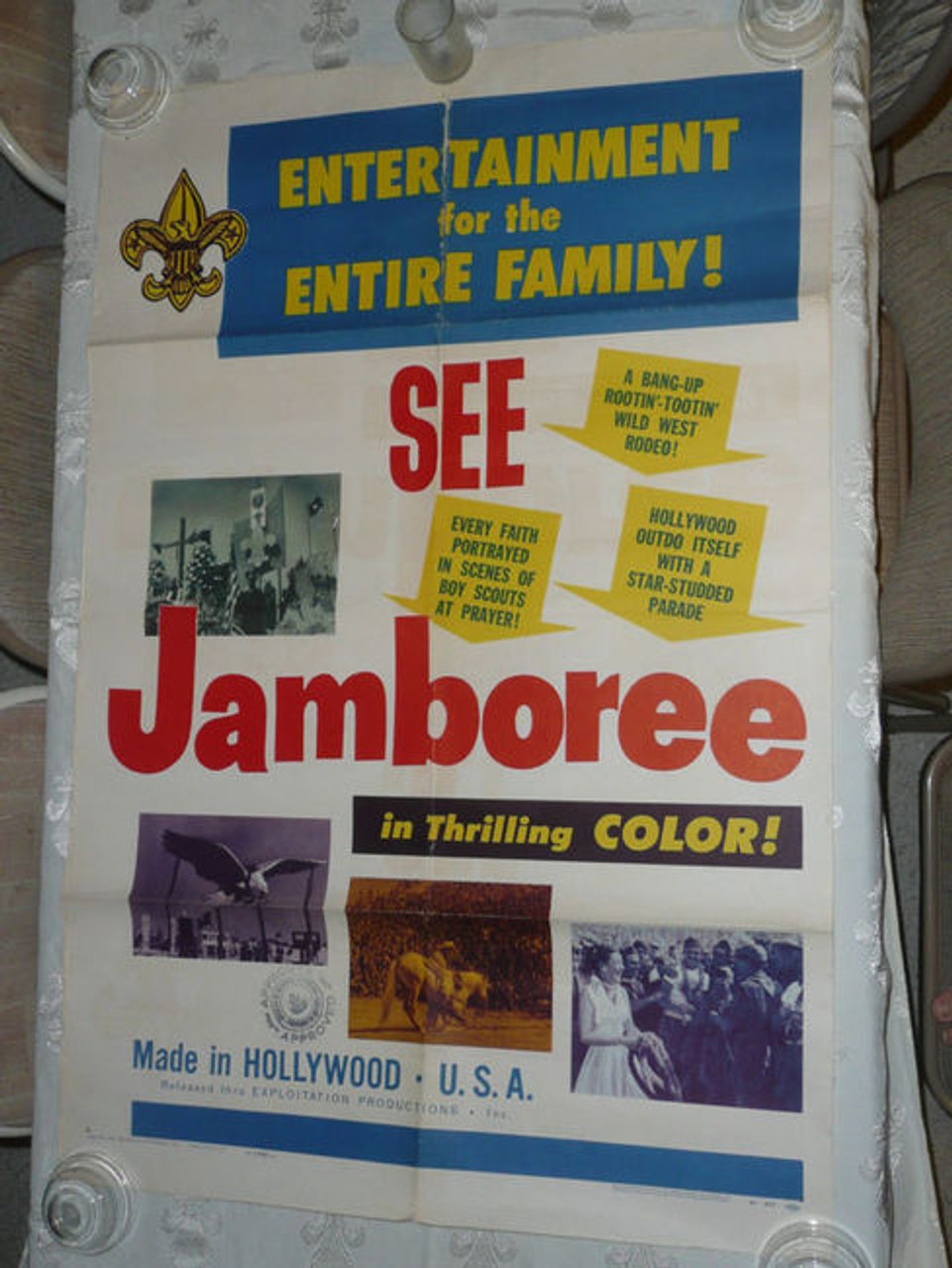 RARE 1953 Boy Scout National Jamboree Poster Promoting Jamboree Film, seam tears and other tears that may not be visible in images, should frame well with work