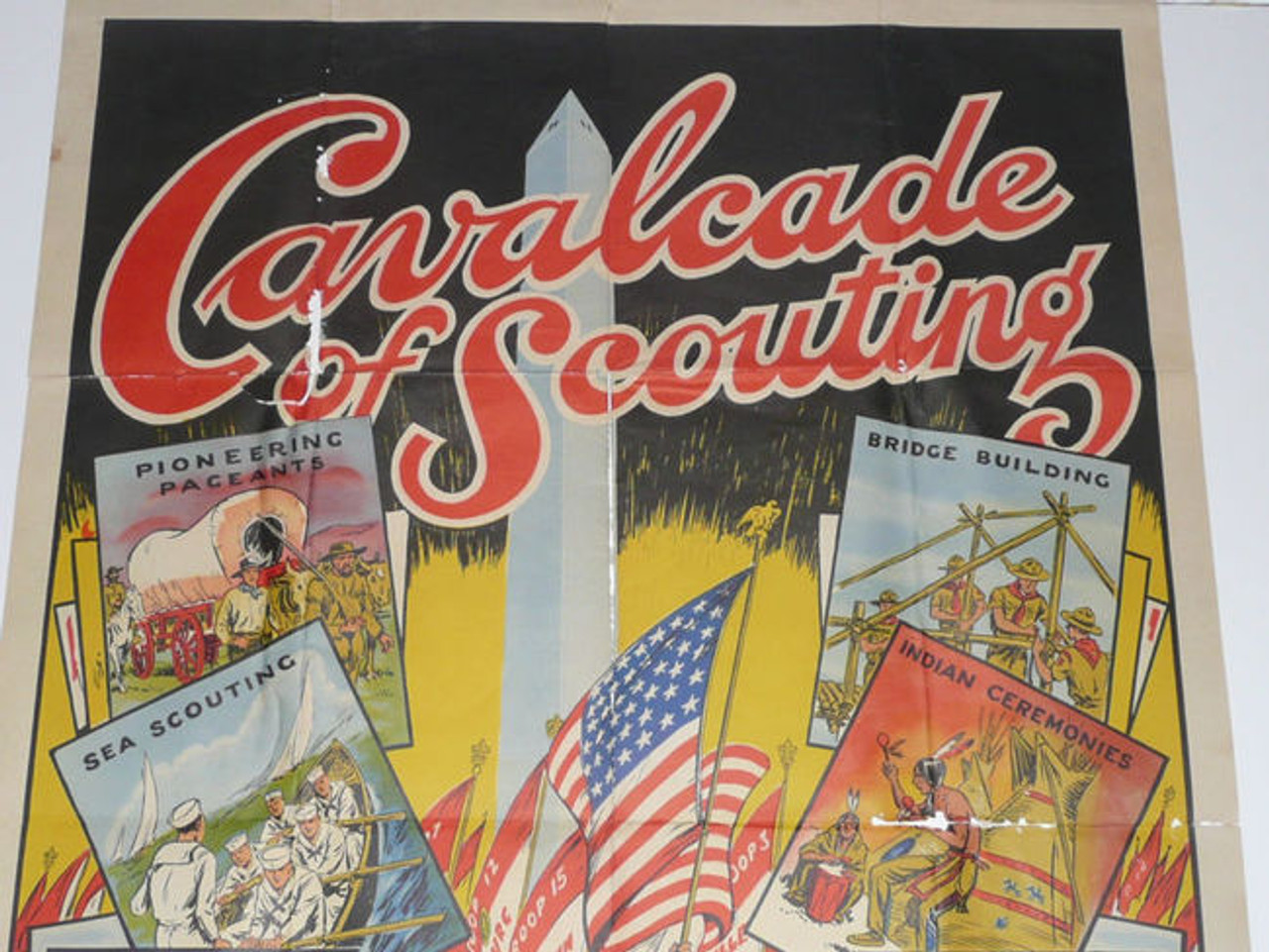 RARE 1937 Boy Scout National Jamboree "Cavalcade of Scouting" Shows Poster, professionally framed, some minor damage to poster but still incredible!