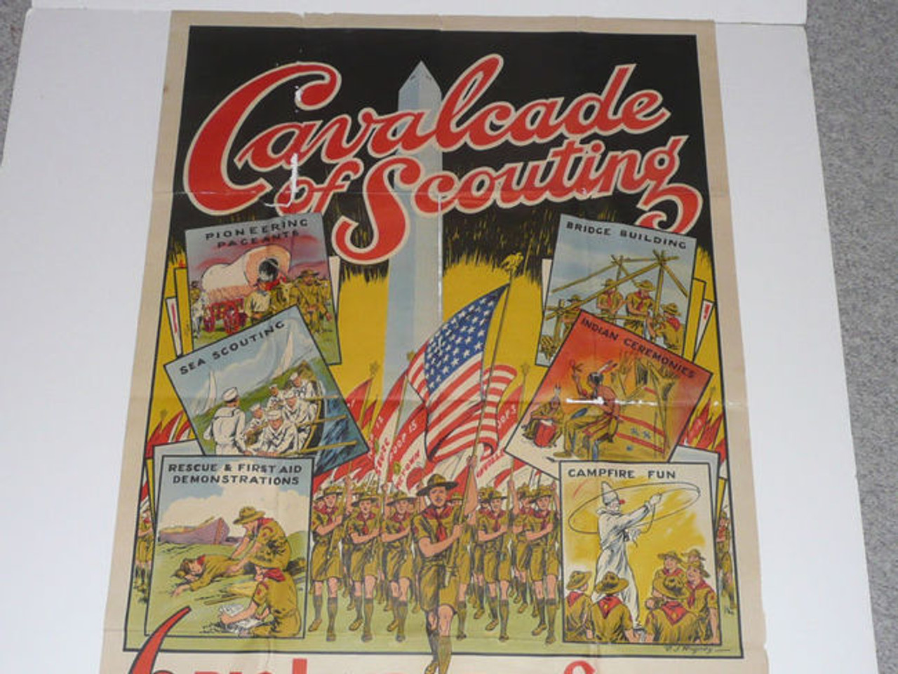 RARE 1937 Boy Scout National Jamboree "Cavalcade of Scouting" Shows Poster, professionally framed, some minor damage to poster but still incredible!
