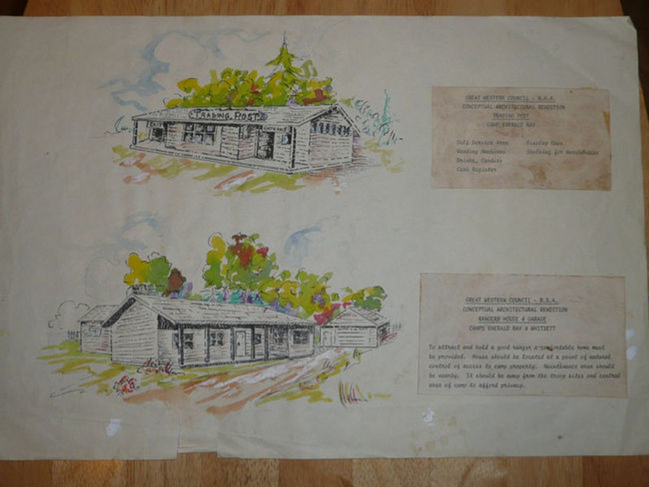 1970's Original Artist's Rendition Trading Post/Ranger's House Camp Emerald Bay