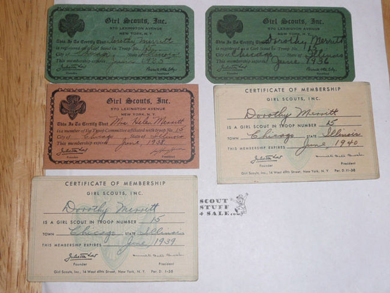 1935-1940 Official Girl Scout Membership Cards