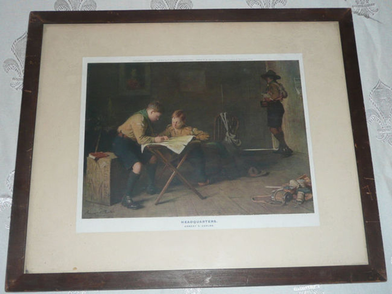 "Headquarters" British Boy Scout Print by Ernest Carlos, 1915, framed with glass. Mounted to board. 17" x 14"