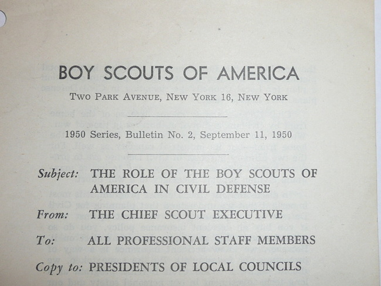 Professional Boy Scout Bulletin about the role of the BSA in Civil Defense, 9-11-1950 printing