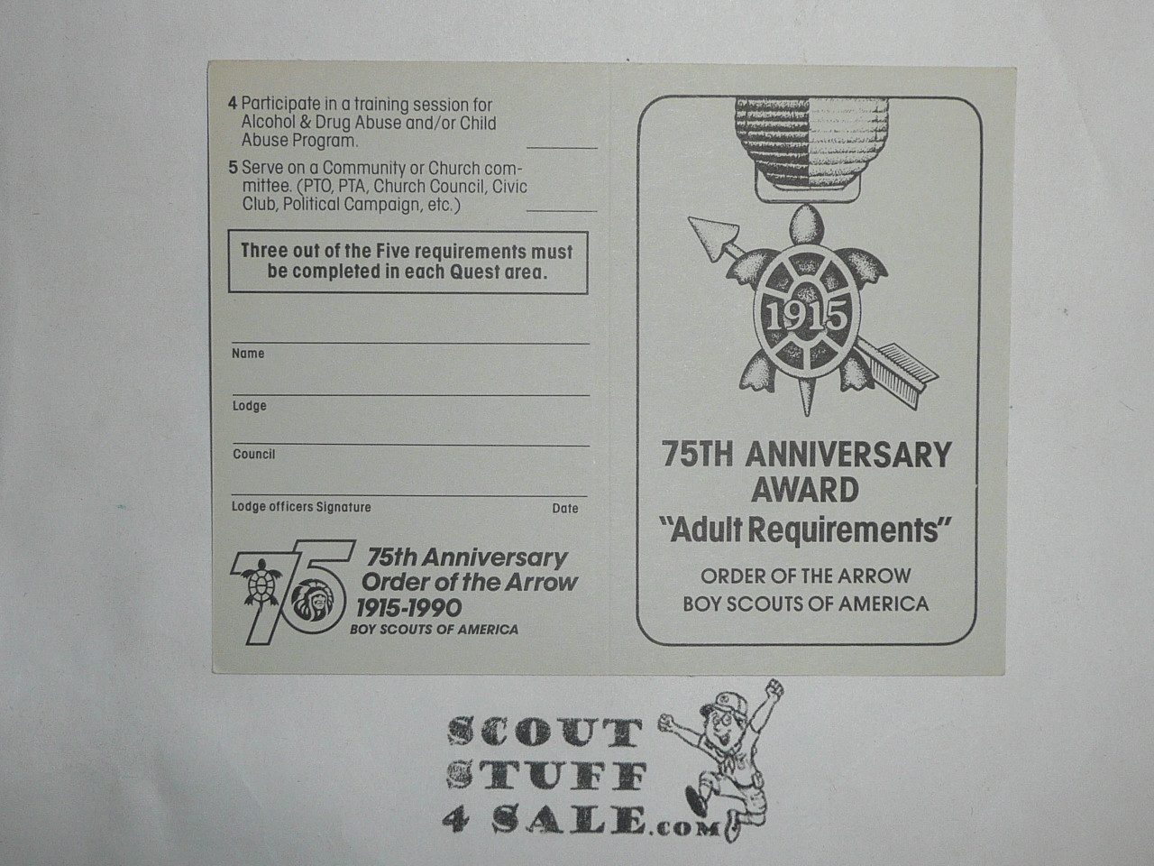 Order of the Arrow ADULT Record Card for the 75th OA Anniversary Arrowman Service Award