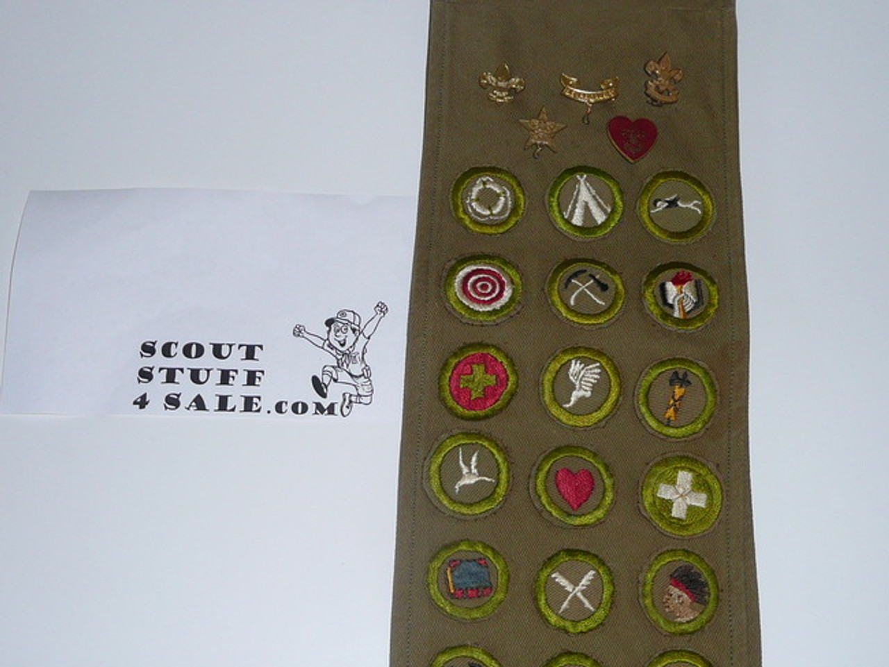 1940's Boy Scout Merit Badge Sash with 41 crimped merit badges (a few cut down squares), 5 rank pins