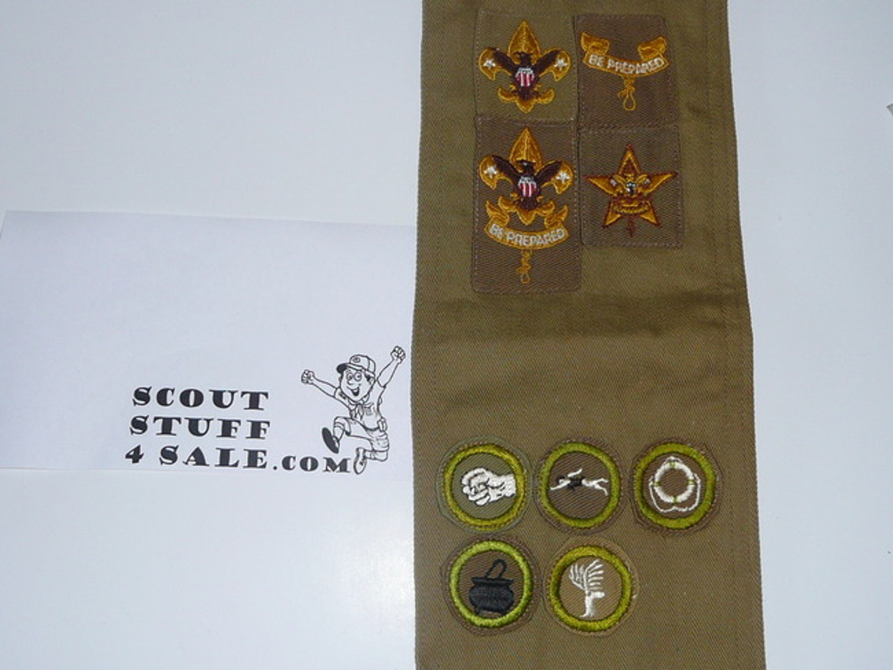 1940's Boy Scout Merit Badge Sash with 5 crimped merit badges and 4 rank badges