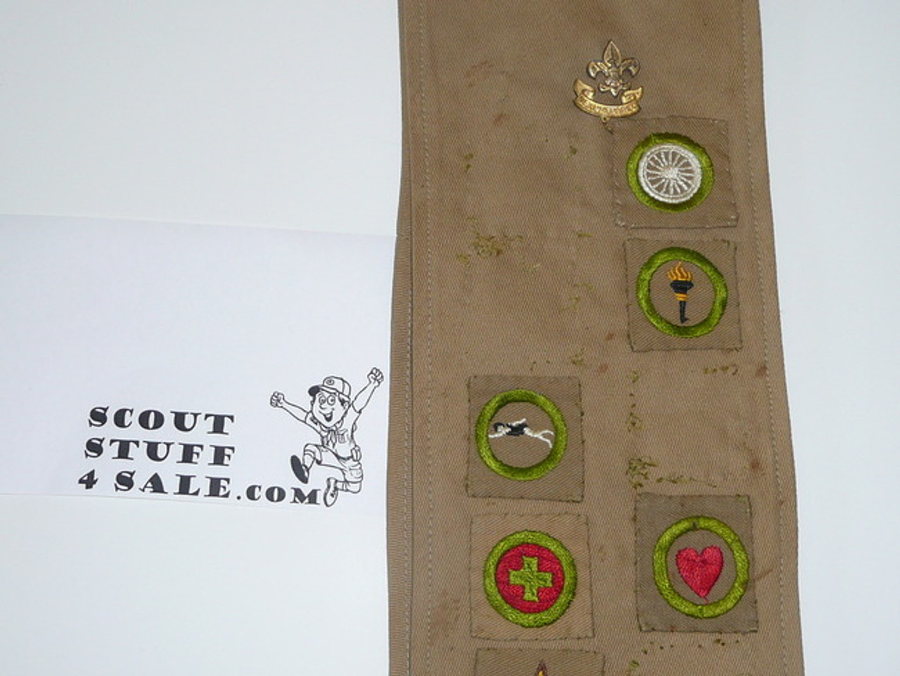 1930's Boy Scout Merit Badge Sash with 8 square merit badges and early Star Patch