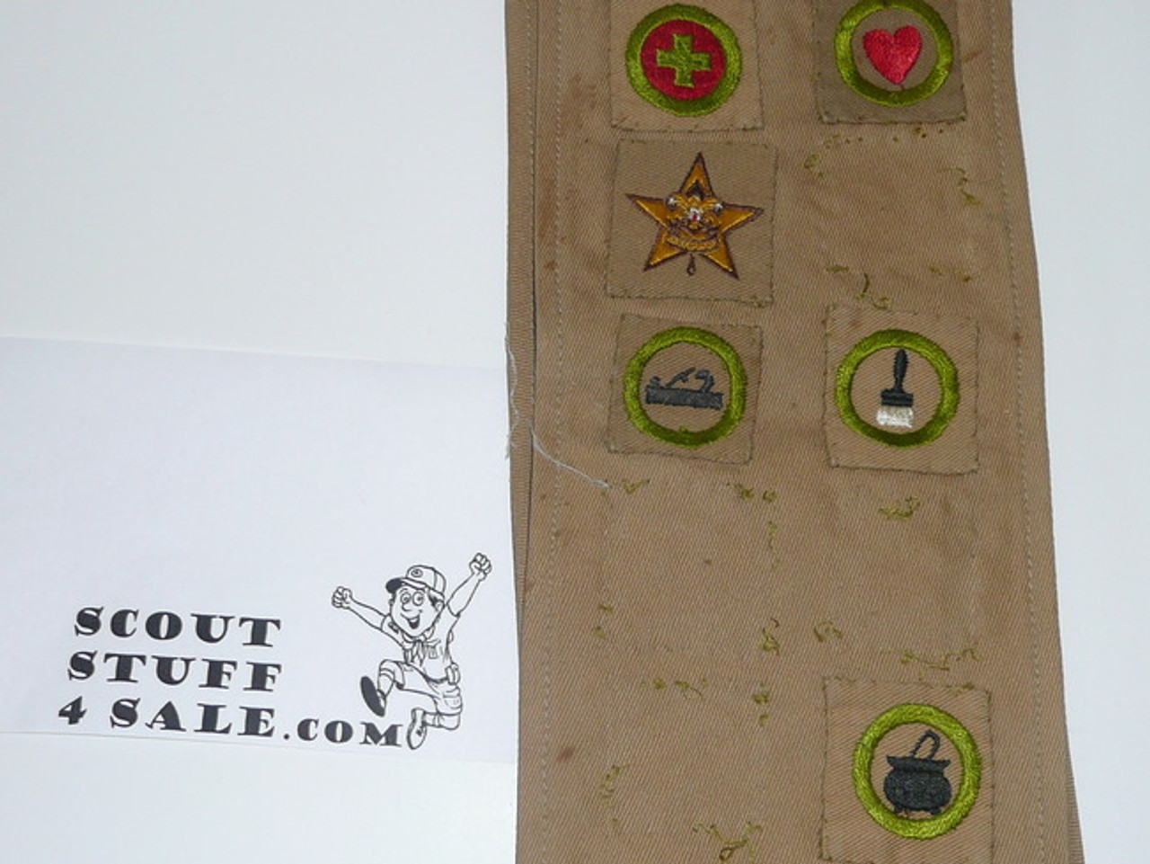 1930's Boy Scout Merit Badge Sash with 8 square merit badges and early Star Patch