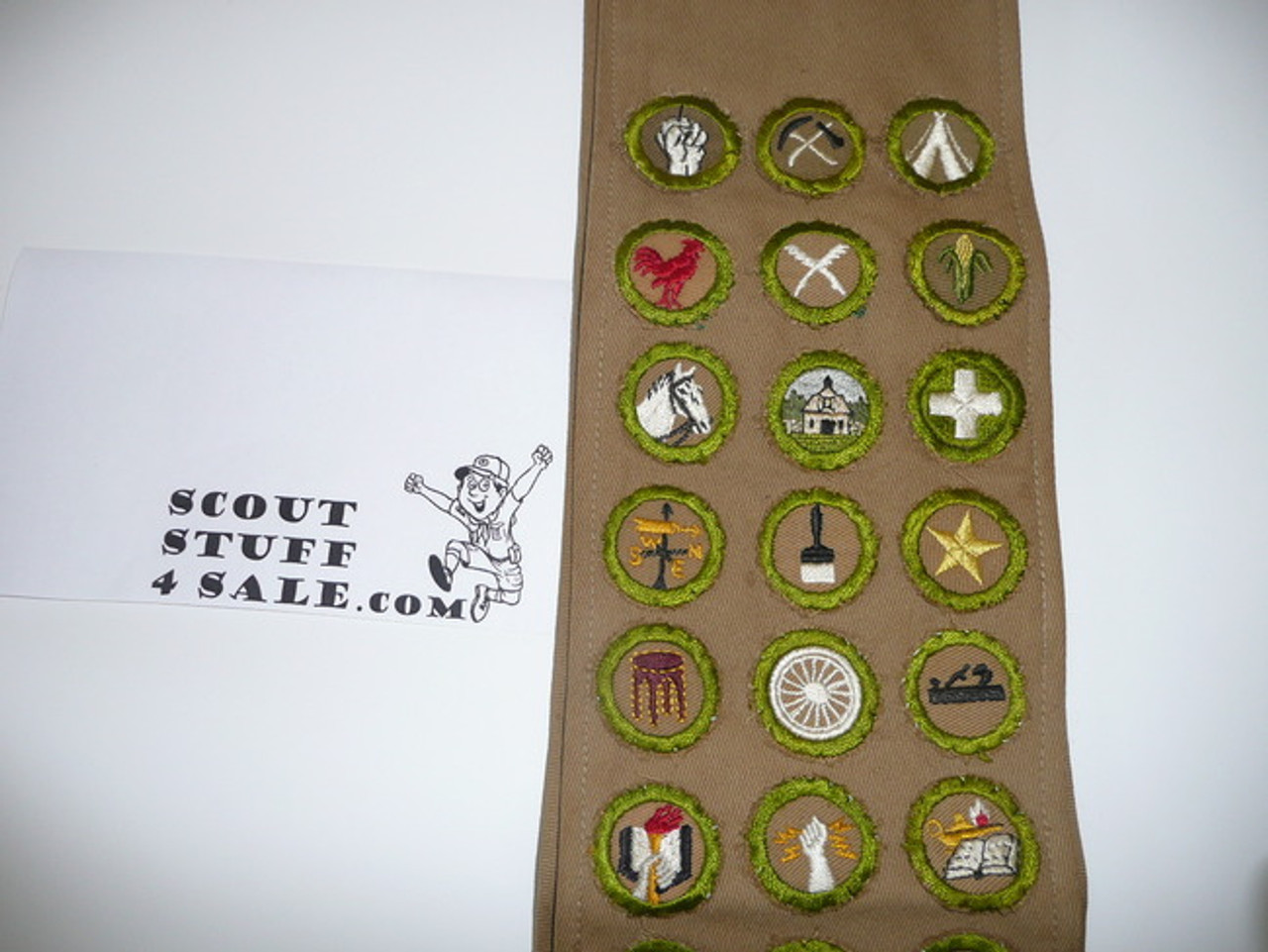 1930's Boy Scout Merit Badge Sash with 36 square merit badges cut to round