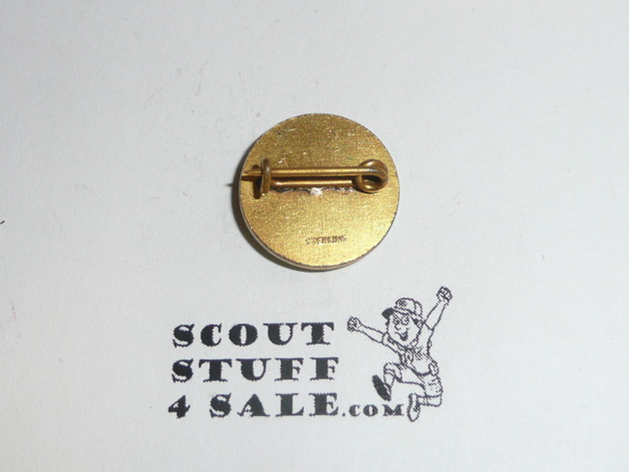 Junior Assistant Scoutmaster Lapel Pin, crude Horizontal bent wire Back, STERLING Marked, 1940's, 5/8" dia, Scarce