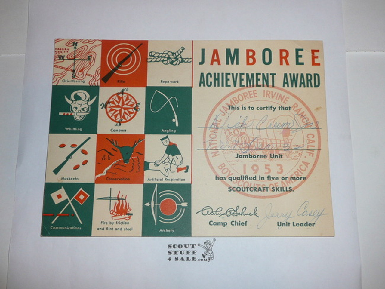 1953 National Jamboree Achievement Award Certificate, presented