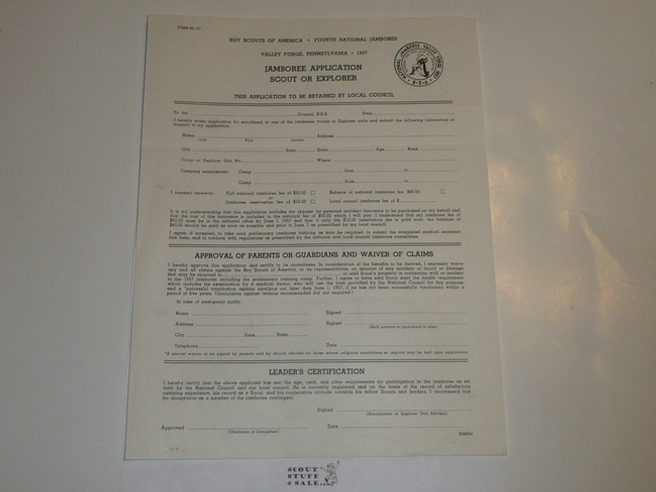 1957 National Jamboree Application for Scout or Explorer