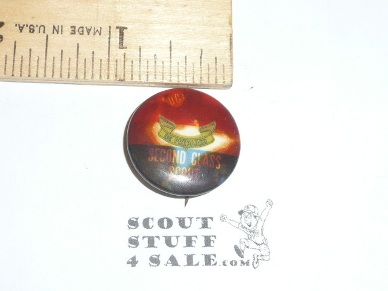 Pledged to be a First Class Scout Boy Scout Tin Button, 1950's-60's, celluloid darkened