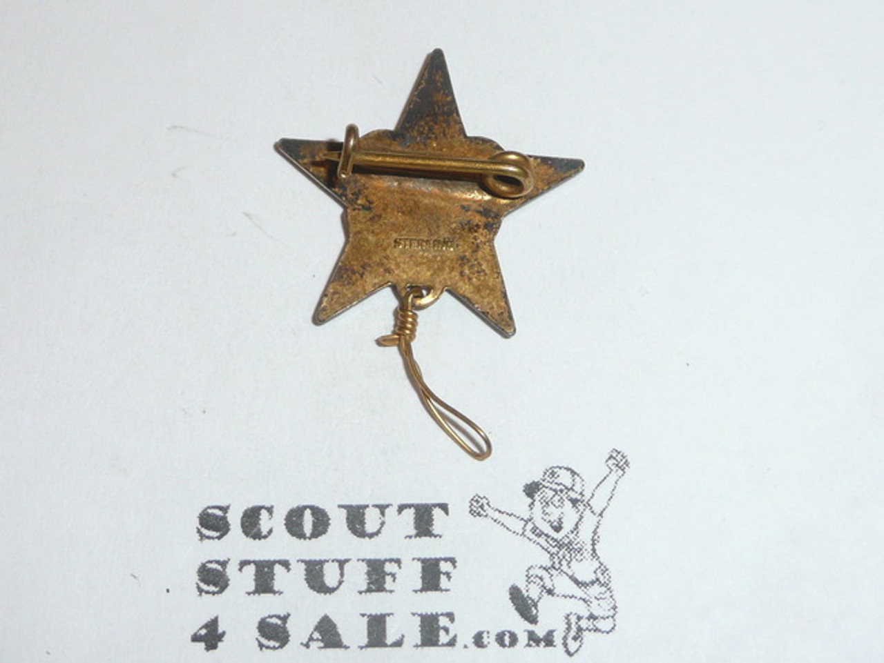 Star Scout Rank Pin, bent Wire Clasp, 21mm wide, Wire Knot, Marked STERLING