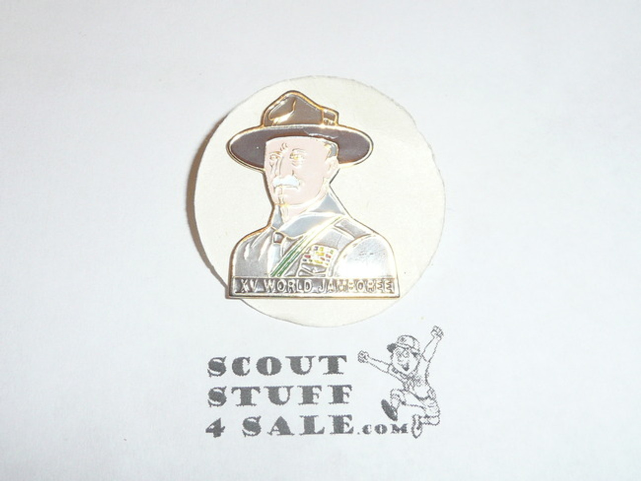 Enameled Baden Powell Bust Pin with 15th World Jamboree on it