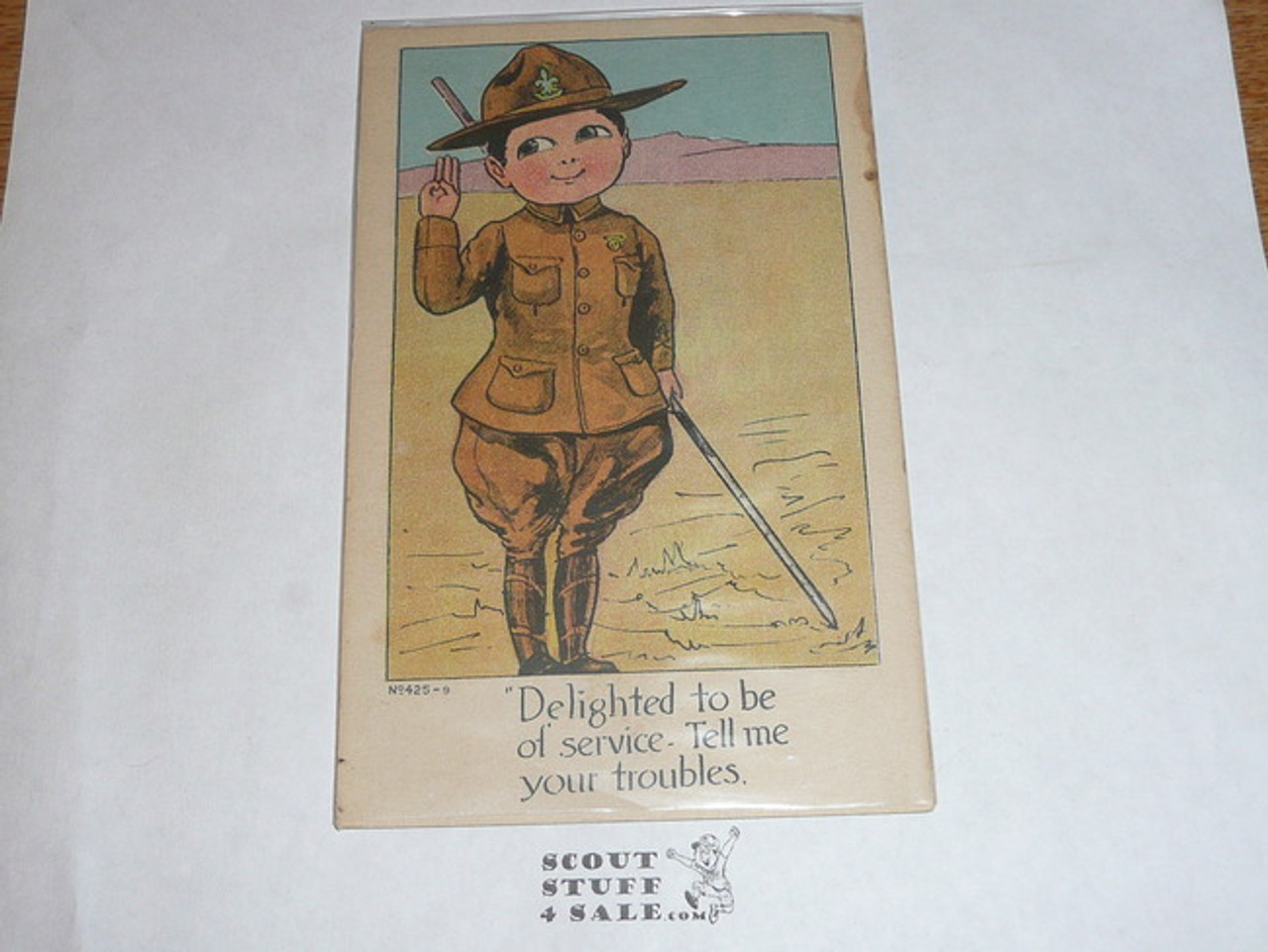 Boy Scout "Delighted to be of service - tell me your troubles" Post card, 1920's