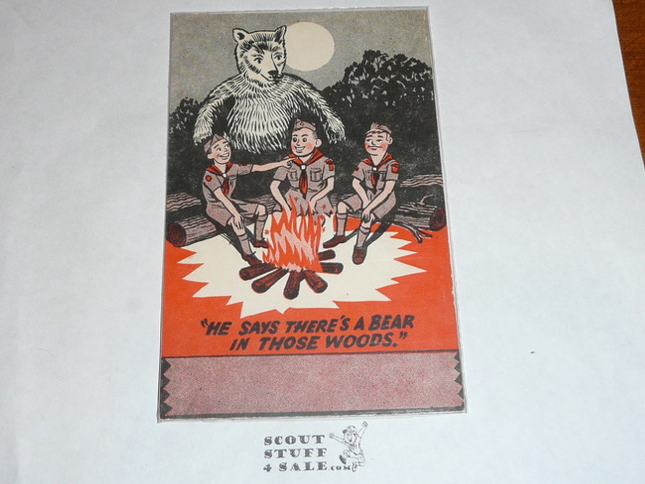 Generic BSA National Supply Cartoon Post card, He Says There's a Bear in the Woods, 1956