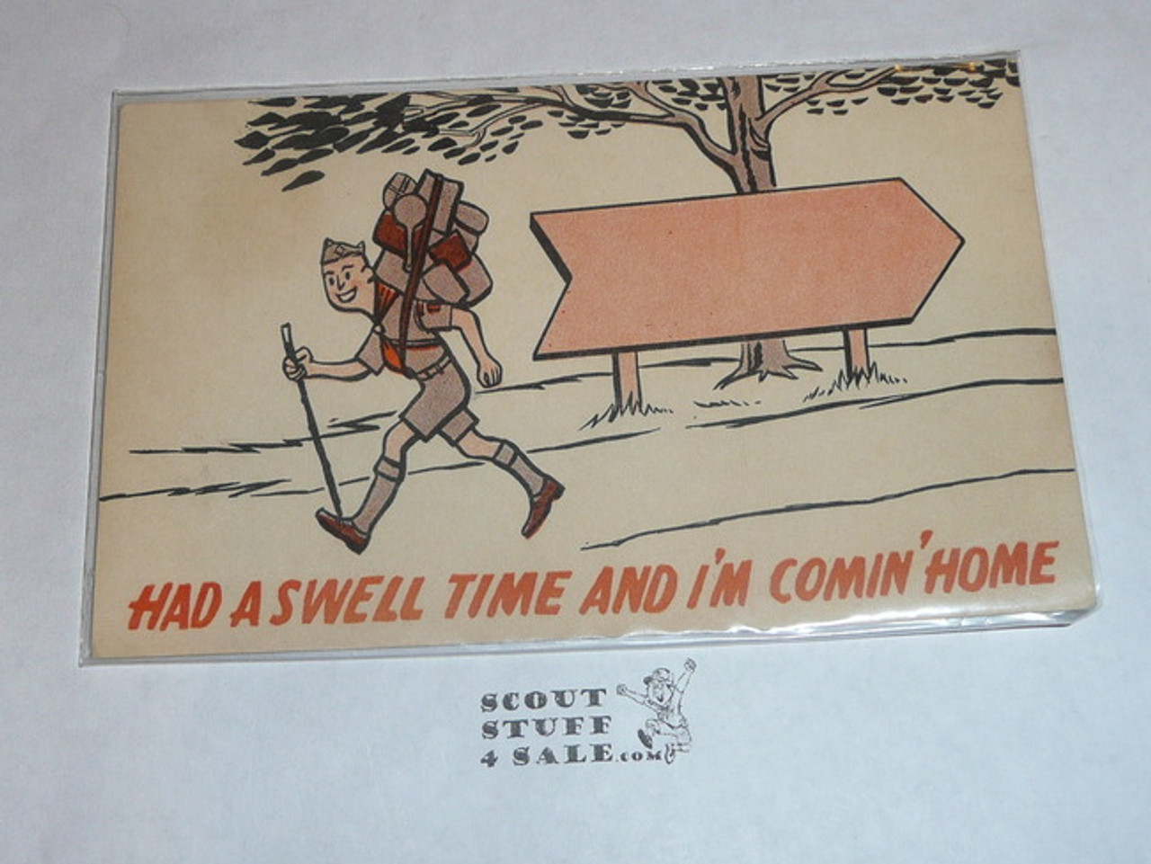 Generic BSA National Supply Cartoon Post card, Had a Swell Time and I'm Coming Home, 1956