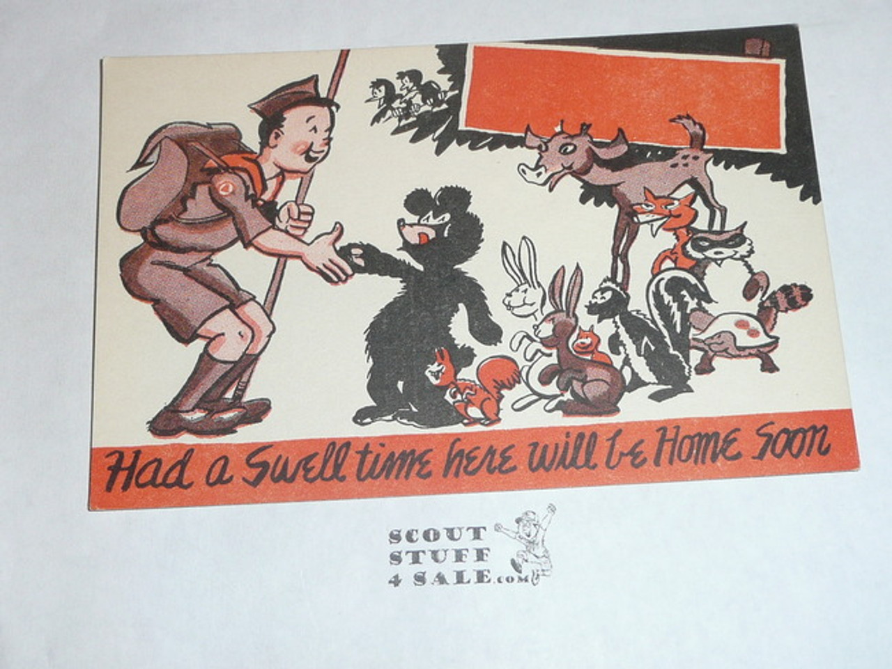 Generic BSA National Supply Cartoon Post card, Had a Swell Time Here Will be Home Soon, 1947