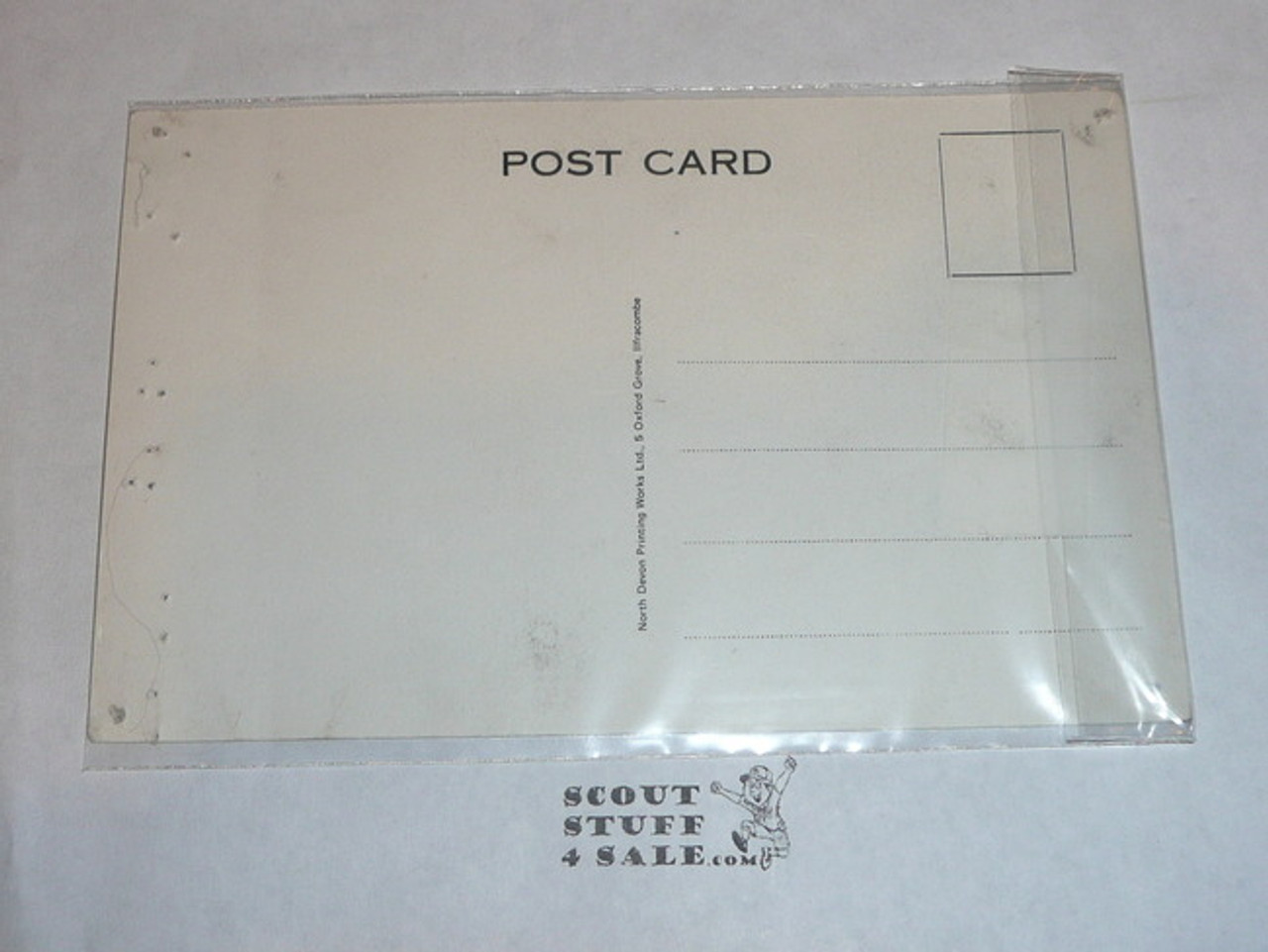 1957 World Jamboree Post Card, #11 of 12 Post card set drawn by Sid Wright, pin holes around the edge from tacking to a bulletin board