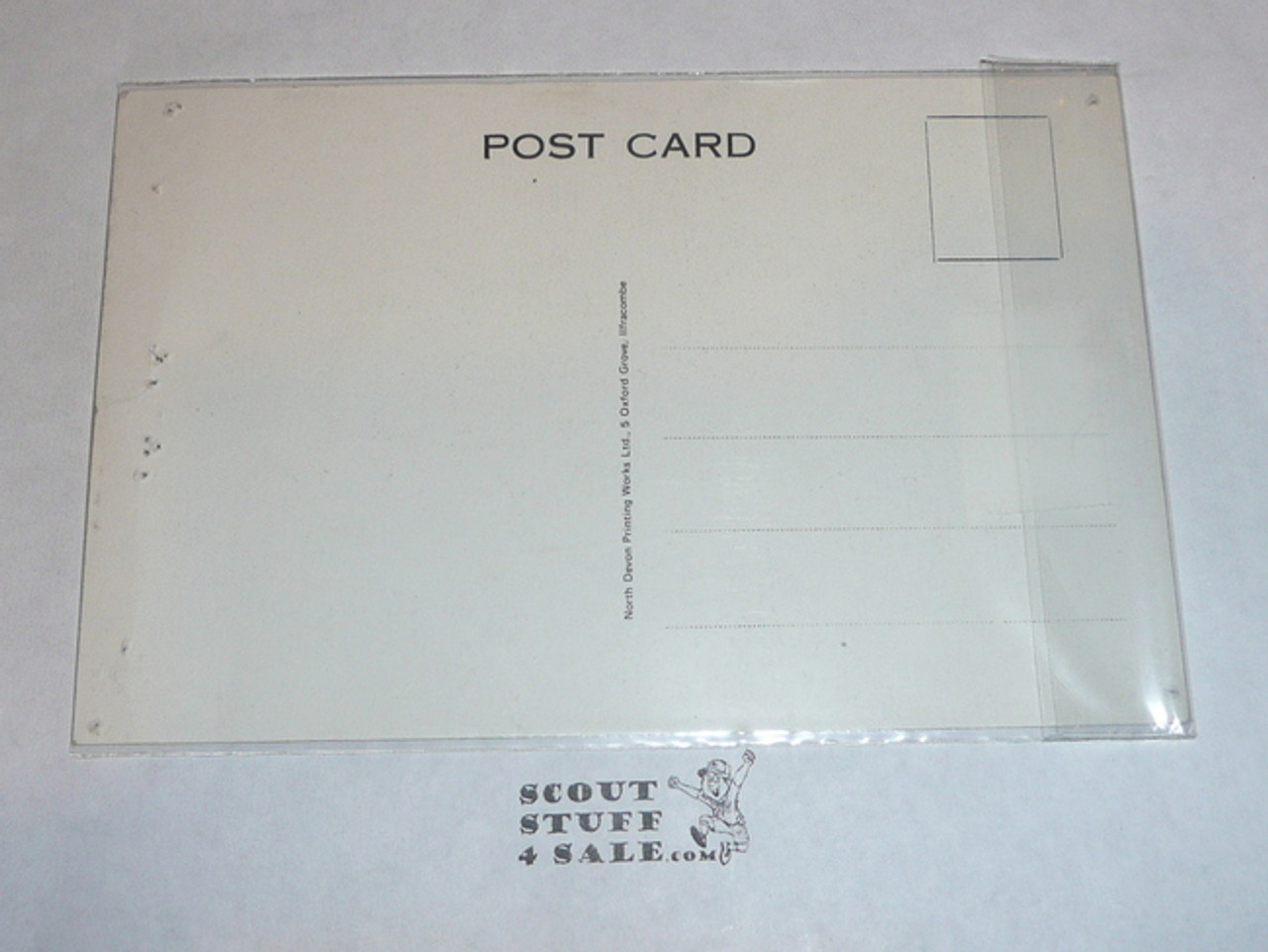 1957 World Jamboree Post Card, #7 of 12 Post card set drawn by Sid Wright, pin holes around the edge from tacking to a bulletin board