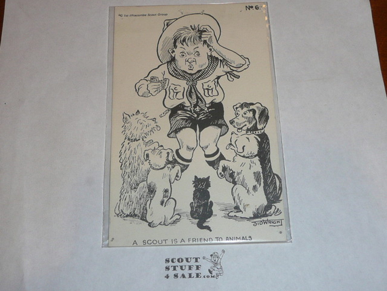 1957 World Jamboree Post Card, #6 of 12 Post card set drawn by Sid Wright, pin holes around the edge from tacking to a bulletin board