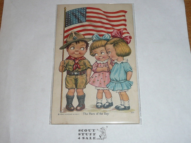 Boy Scout Patriotic Post card with girls, Henry Heininger Co, 1917