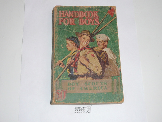 1940 Boy Scout Handbook, Fourth Edition, Thirty-third Printing, Norman Rockwell Cover, cover shows wear and is wearing through at the spine but the , distributed by American Newsbook is solid