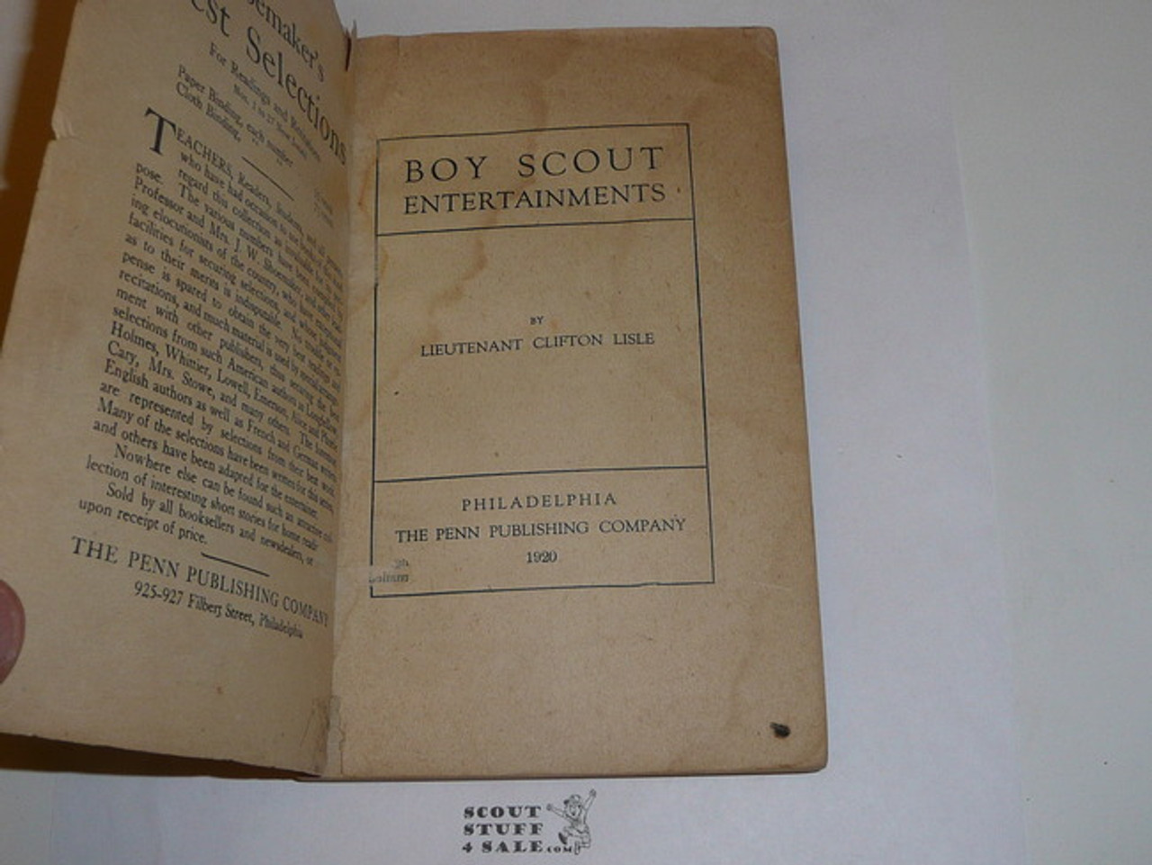 1920 Boy Scout Entertainments, by Lieutenant Clifton Lisle, no back cover and wear to spine and cover