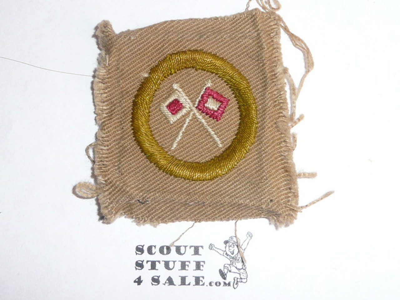 Signaling - Type A - Square Tan Merit Badge (1911-1933), black striped back, used