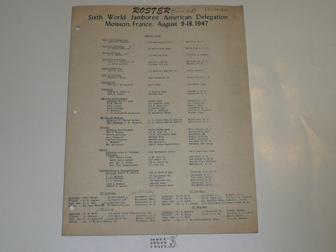 1947 World Jamboree Roster of American Delegation with Names and Addresses