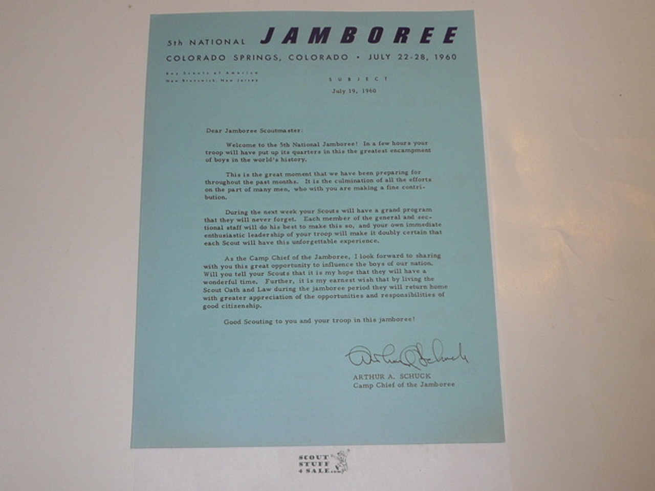 1960 National Jamboree Letter to Jamboree Scout Masters Welcoming them To Jamboree From Chief Scout Executive