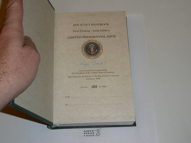 1990 Boy Scout Handbook, Tenth Edition, First Printing, RARE Leatherbound Presidential Printing #2497/3000, MINT condition