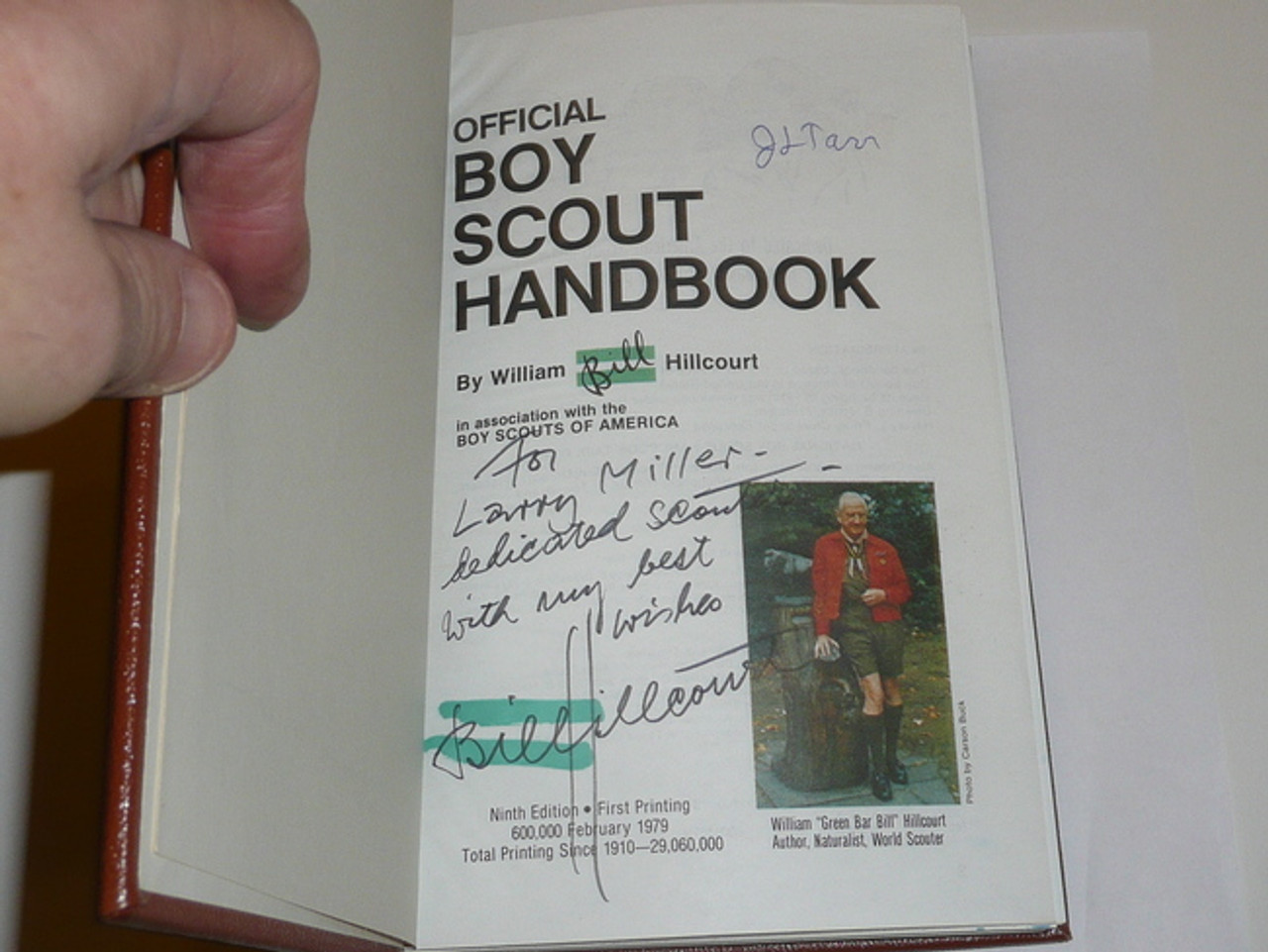 1979 Boy Scout Handbook, Ninth Edition, First Printing, RARE leatherbound copy #130, Inscribed and signed by Bill Hillcourt and JL Tarr, MINT condition