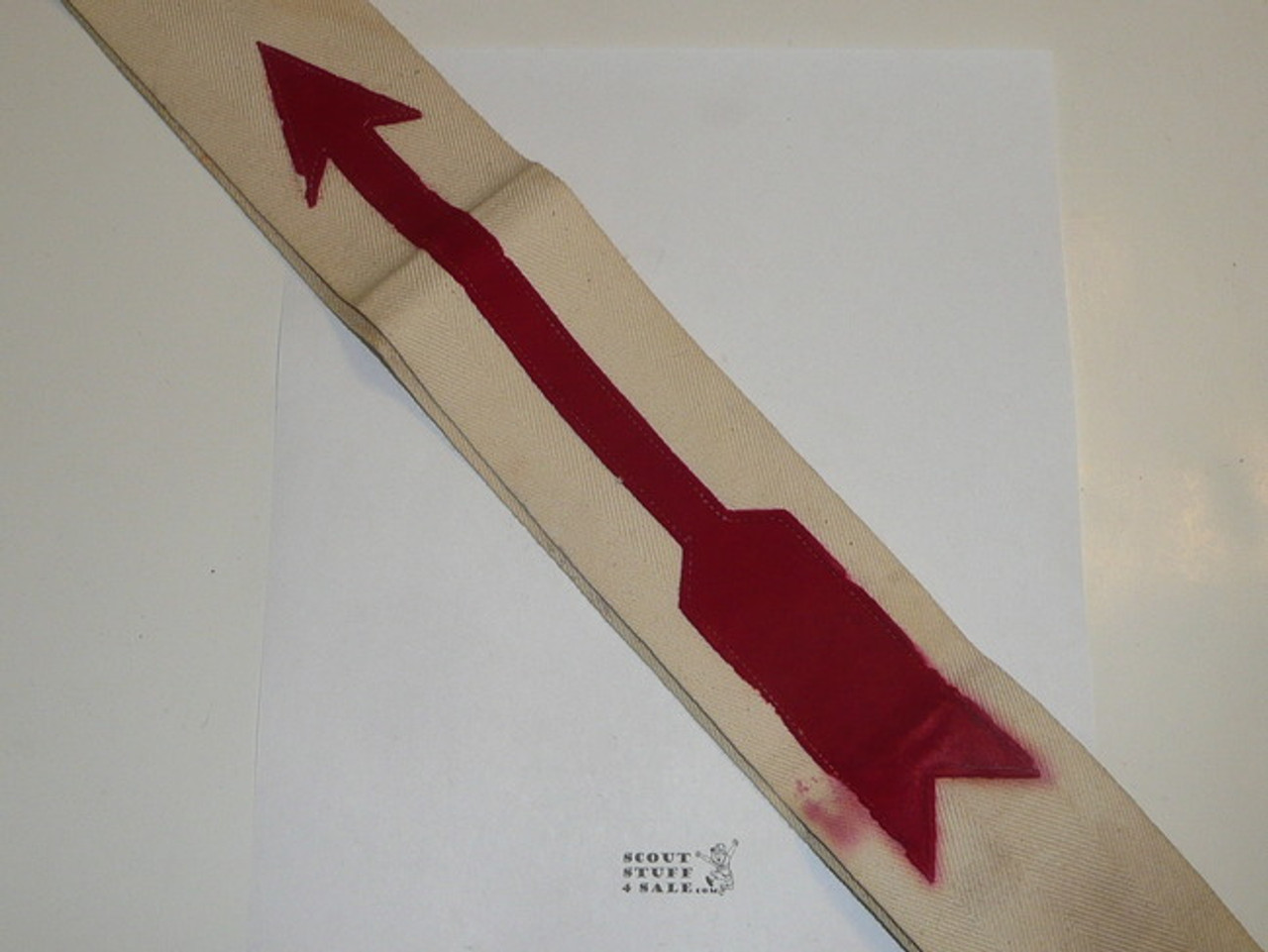 1930's Felt on Coarse Twill Ordeal Order of the Arrow Sash, Some color run at bottom of Arrow, 27"