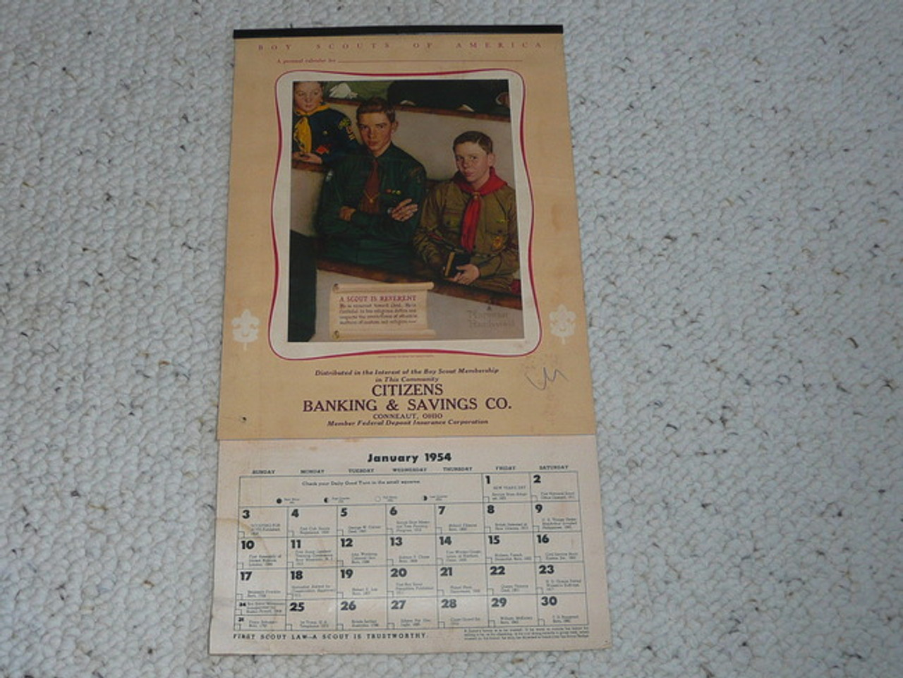 1954 Boy Scout Calendar, Norman Rockwell Art on the cover and lots of pictures and Scouting info on each page