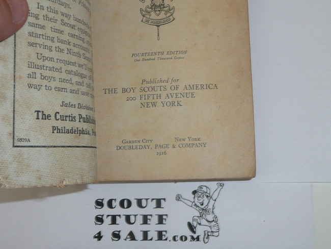 1916 Boy Scout Handbook, Second Edition, 14th Printing, Very Good Condition, Minimal Wear