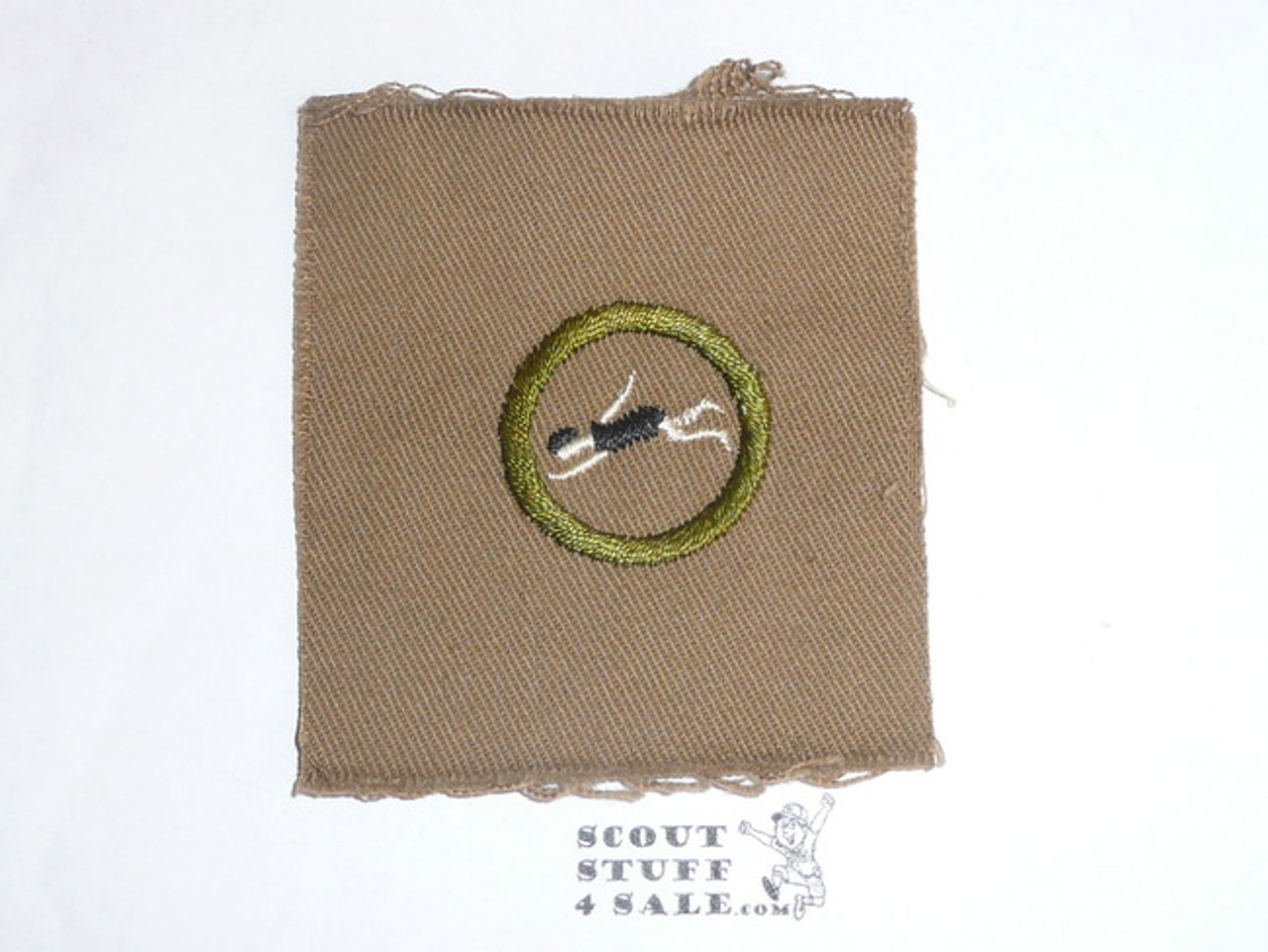 Swimming - Type A - Square Tan Merit Badge (1911-1933), TEENS variety, huge piece of cloth, BSA emblem on back and brown printed stripe