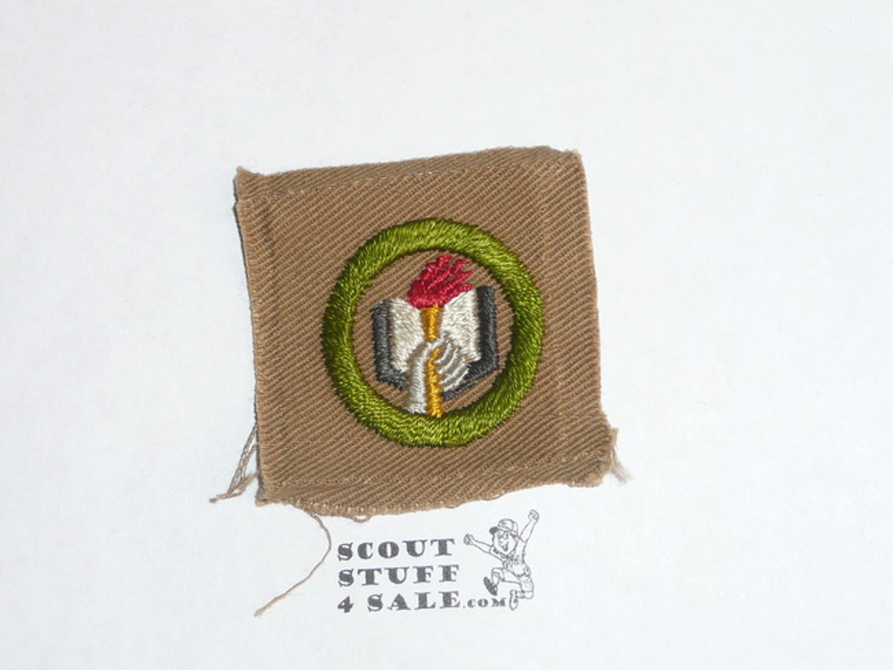 Scholarship - Type A - Square Tan Merit Badge (1911-1933), lt use, scout emblem on back