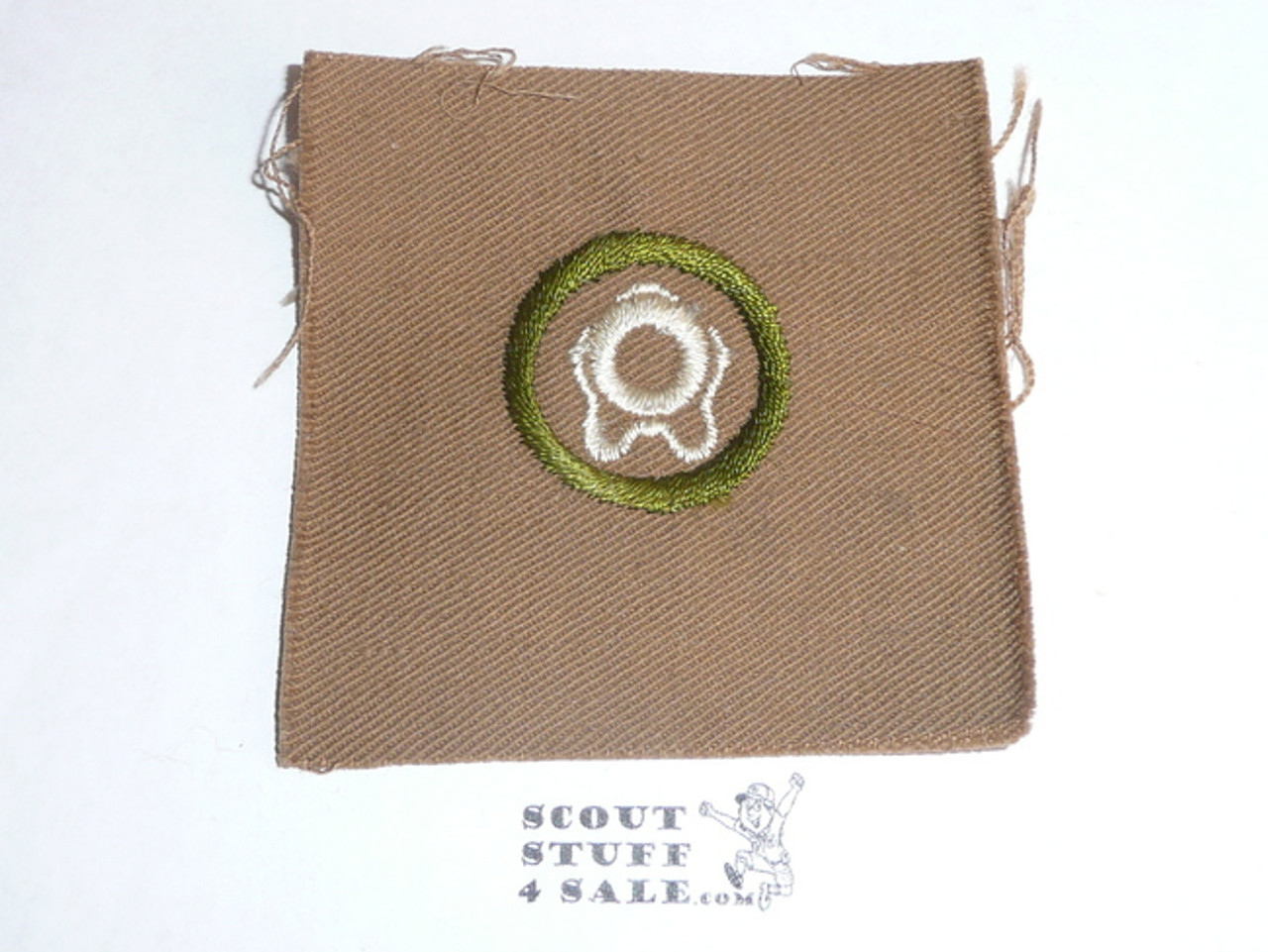 Lifesaving - Type A - Square Tan Merit Badge (1911-1933), TEENS variety, huge piece of cloth, brown striped back