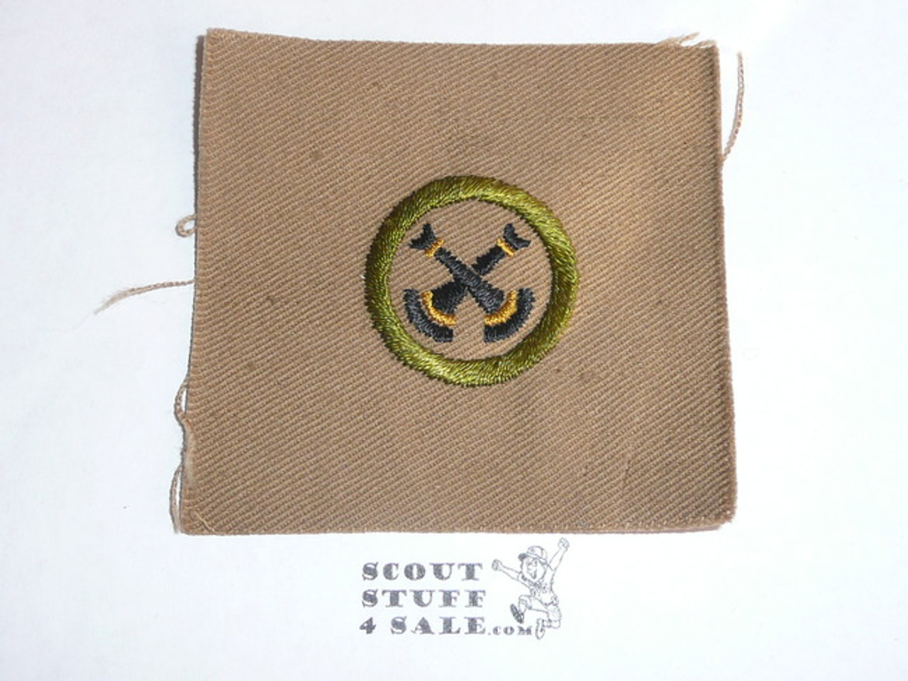 Firemanship - Type A - Square Tan Merit Badge (1911-1933), TEENS variety, brown striped back, huge piece of cloth