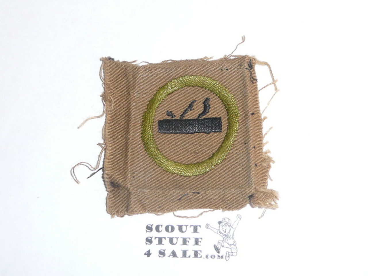 Carpentry / Woodwork - Type A - Square Tan Merit Badge (1911-1933), TEENS variety, brown striped back with BSA emblem, used