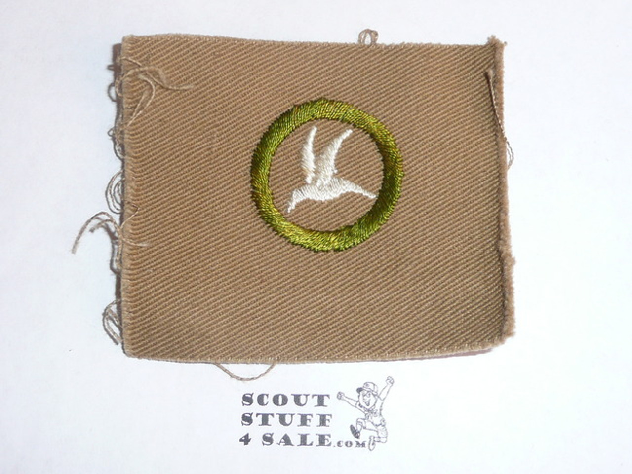 Bird Study - Type A - Square Tan Merit Badge (1911-1933), TEENS variety, black striped back, large oversized piece of cloth