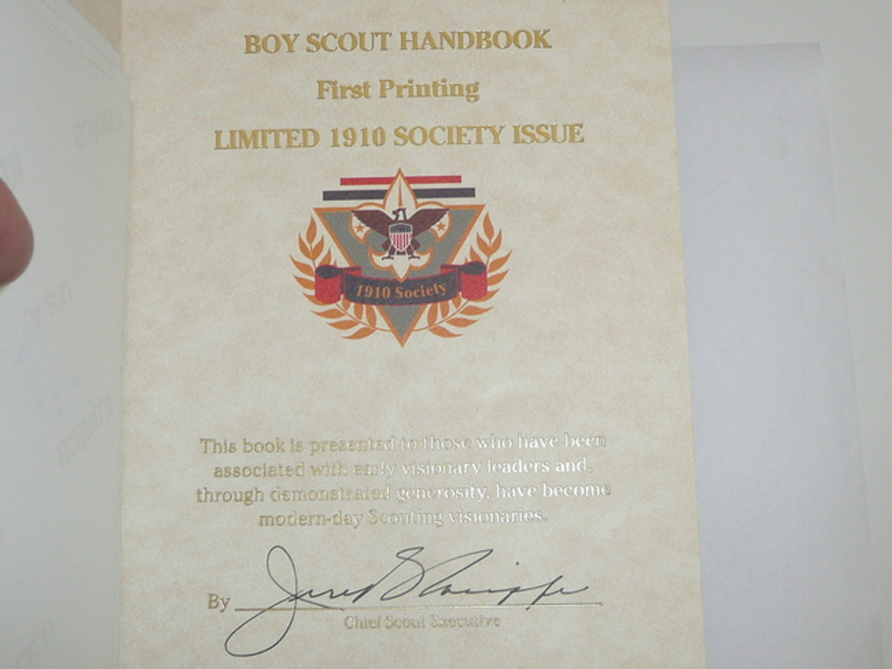 1911 Boy Scout Handbook REPRINT, 1996 printing, 1910 SOCIETY Presentation, Leatherbound, Signed by CSE Jere Ratcliffe, MINT condition