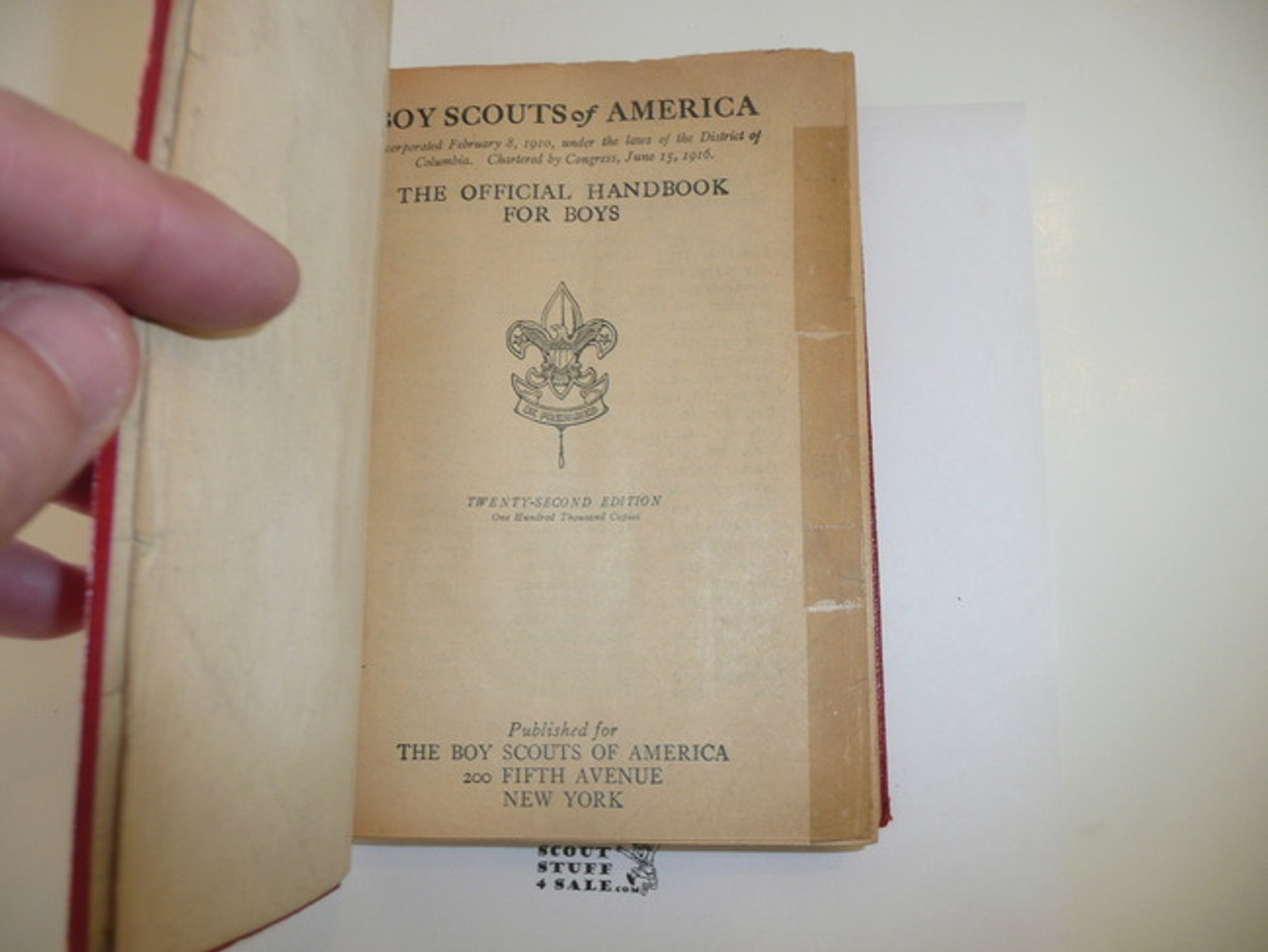 1920 Boy Scout Handbook, Second Edition, Twenty-second Printing, Red Leather binding, Light wear