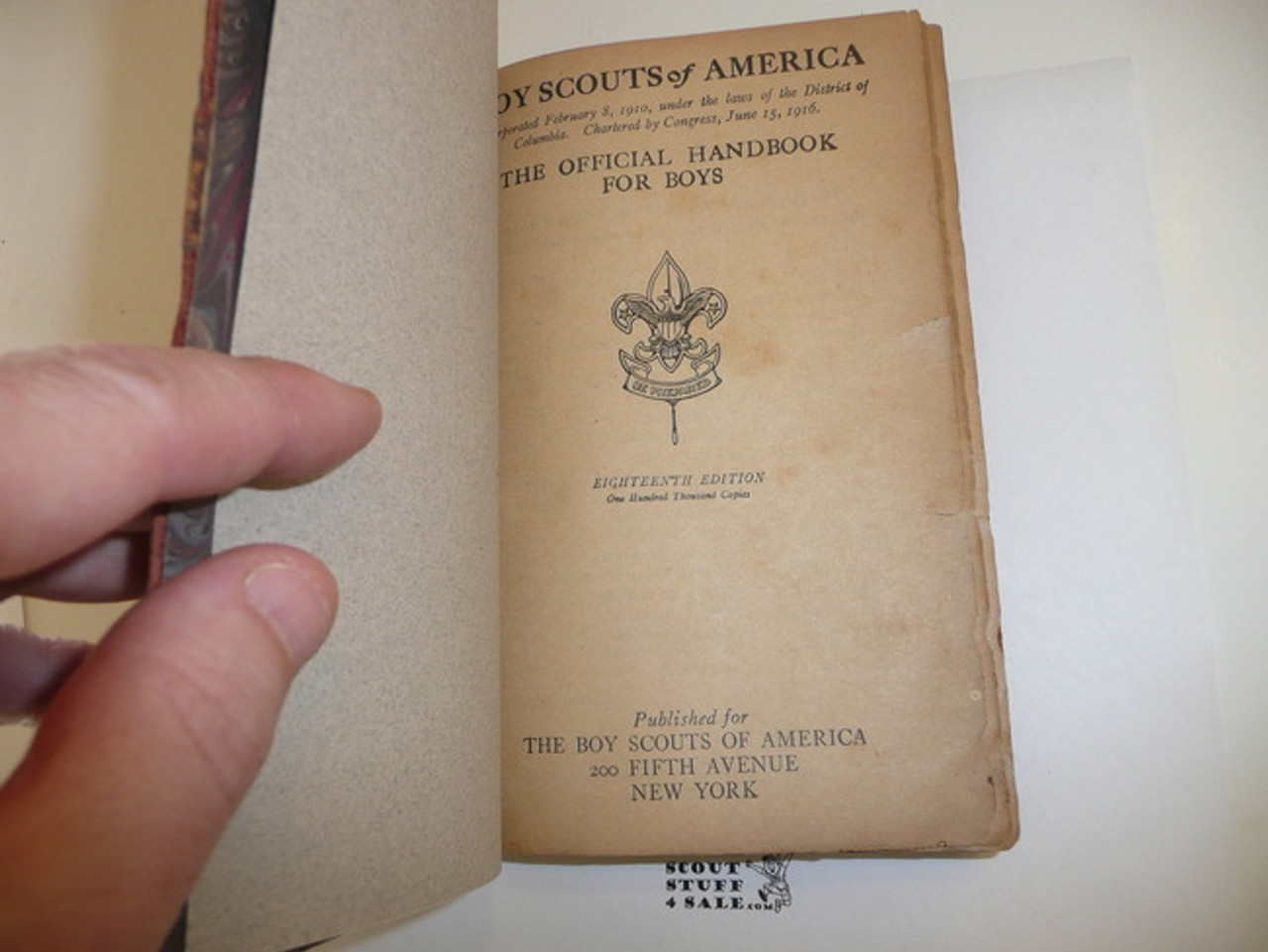 1918 Boy Scout Handbook, Second Edition, Eighteenth Printing, Red Leather binding, Leather darkening at cover edges and spine