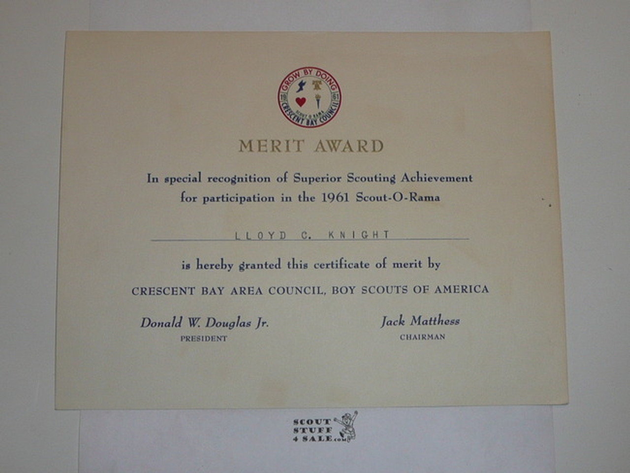 1961 CBAC Cub Scout-O-Rama Certificate of Merit