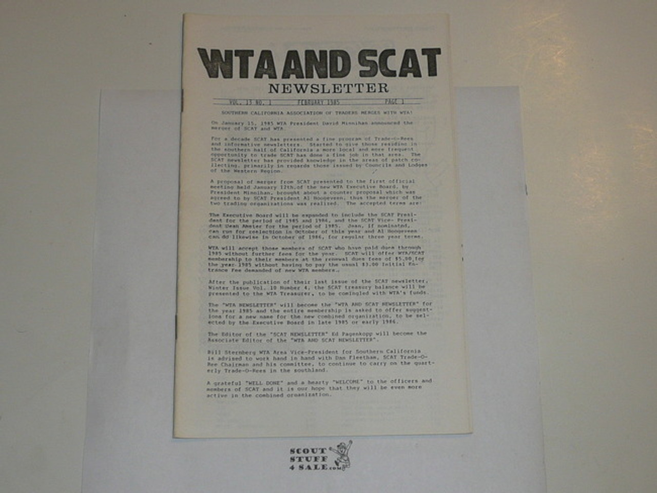 WTA and SCAT Newsletter, 1985 February, Vol 13 #1, Merger of WTA and SCAT